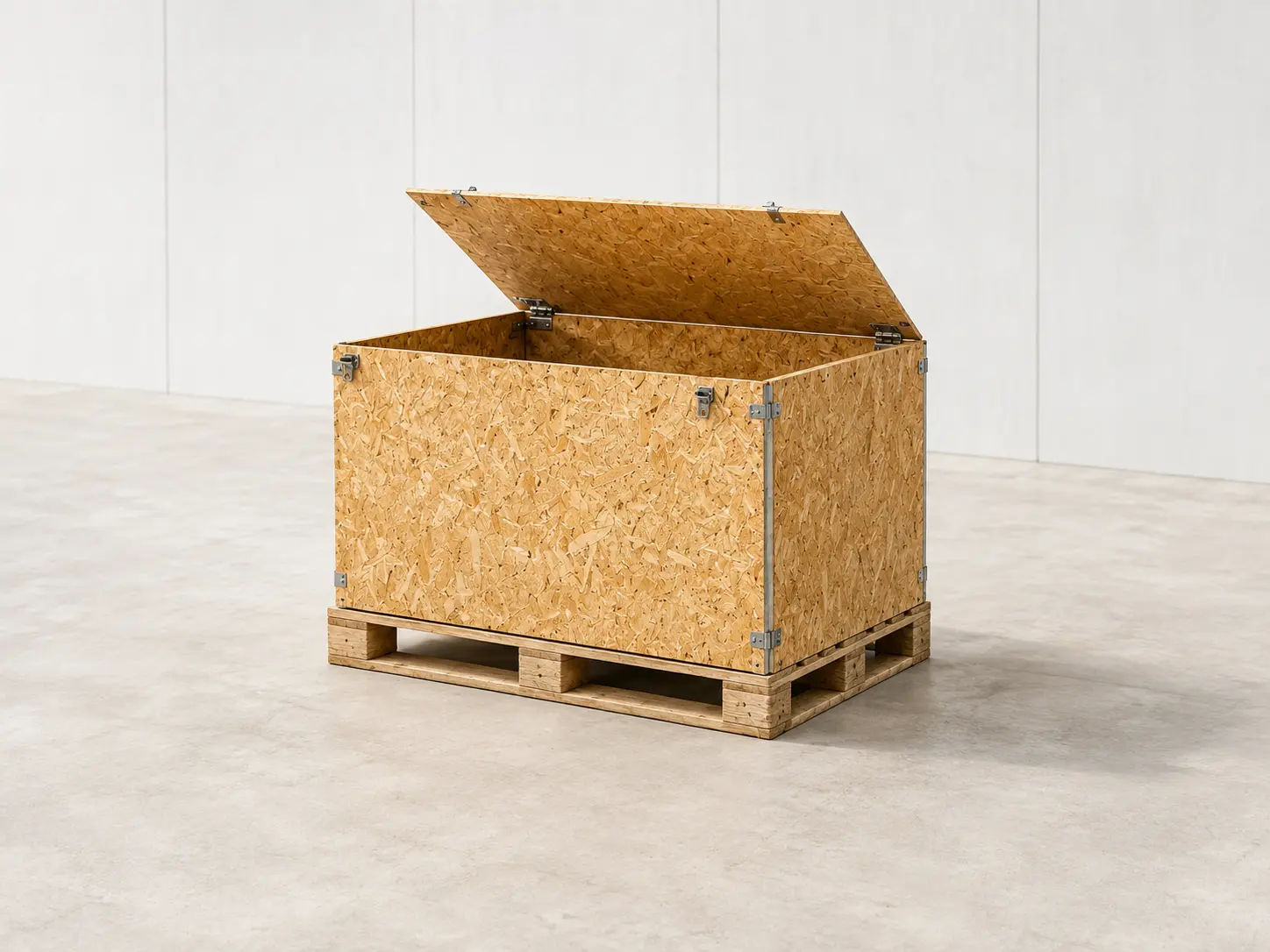 OSB pallet storage boxes in a warehouse