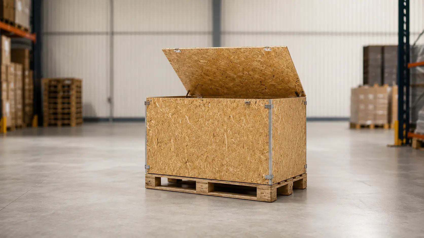 Lift-top OSB storage box on a UK pallet in a warehouse